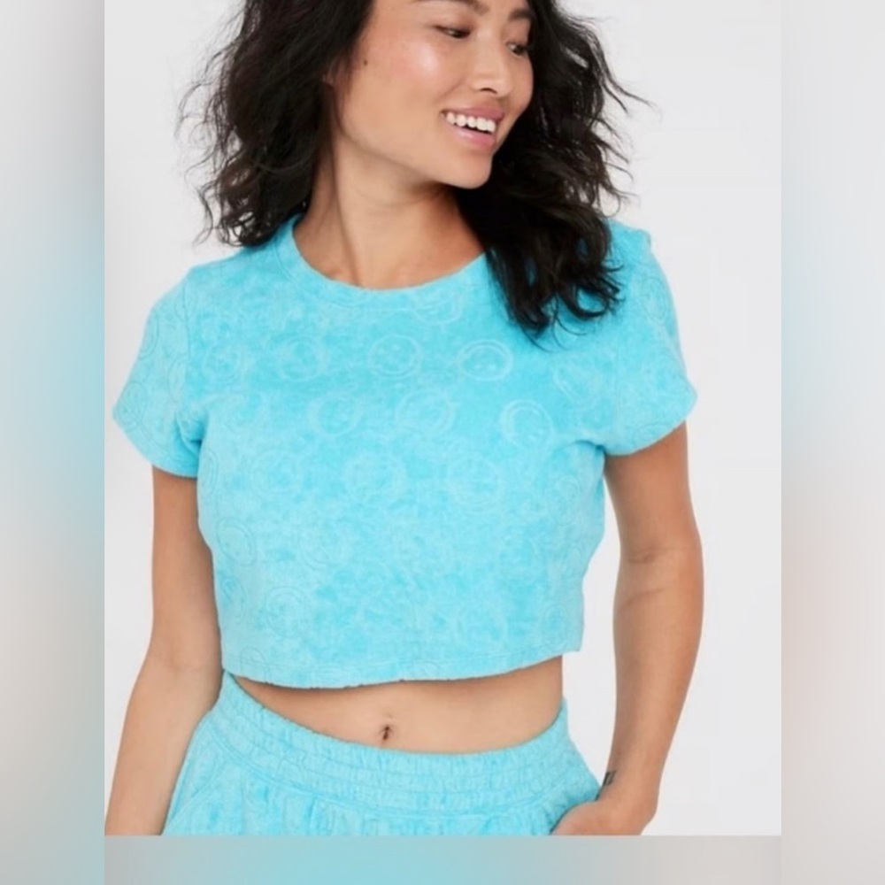 NWT Aerie Offline Smiley Face Terry Cloth Crop Top - light blue - Small